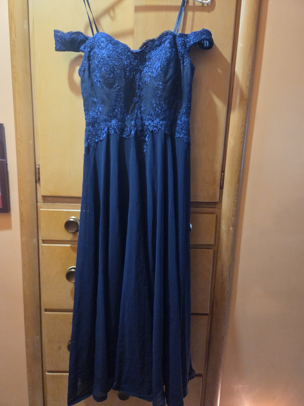 Cinderella Divine Off-Shoulder Navy Lace Evening Dress